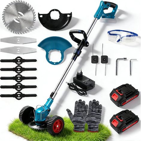Cordless Electric Brushcutter, Cordless Edge Cutter with 2 x 1.5 Ah Batteries, Battery Scrubbers with 90° Swivel Head, Telescopic Handle, 4 Types of Blades for Cutting Grass (1/5)
