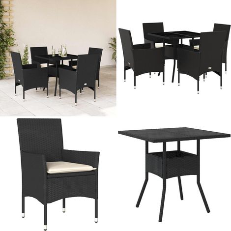 Set da Pranzo da Giardino con Cuscini 5 pz Polyrattan e Vetro - Tavolo da giardino - Sedie da giardino