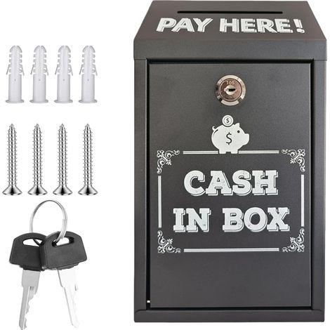 Coffre-Fort, Caisse À Monnaie, 14,5x7,5x26 Cm Boîte Aux Lettres Murale Avec Clé, Boîte À Suggestions En Métal Avec Fente Sur Le Dessus, Caisse En Fer Pour La Maison, Le Bureau, Les Affaires, Noir (1/5)