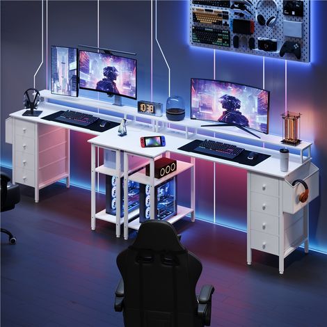 Yaheetech Bureau Informatique Angle Table en L Bureau Gaming Réversible en Bois avec Support d'écran 4 Tiroirs 2 étagère 1 Sac de Rangement et Prises pour Le Travail à Domicile 140 cm Blanc