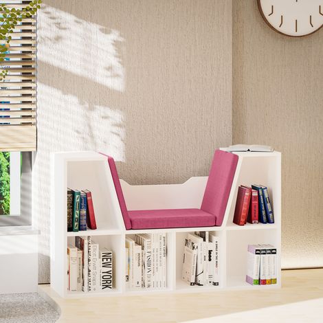 Librería con Asiento Estantería de Libros con 6 Cubos Cojín para Sala de Estar Dormitorio 102x30x61cm Blanco y Rosa (1/5)