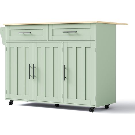 Isla de cocina verde antiguo 129 x 46 x 91,5 cm con tablero abatible y ruedas (1/5)