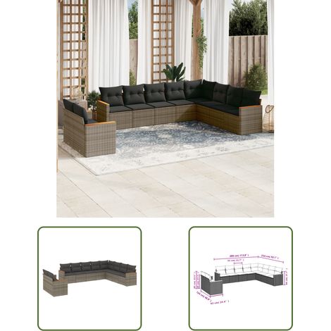 The Living Store 10-tlg. Garten-Sofagarnitur mit Kissen Grau Poly Rattan - Gartenmöbel - Outdoor Möbel - Rattan Sofa - Lounge Set - Esstischgarnitur (1/3)