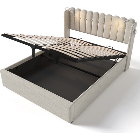 Cama doble 160x200 de lino natural con luz LED de lectura, USB y almacenaje (1/5)