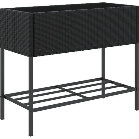 Pot de fleurs avec étagère, résine tressée noire