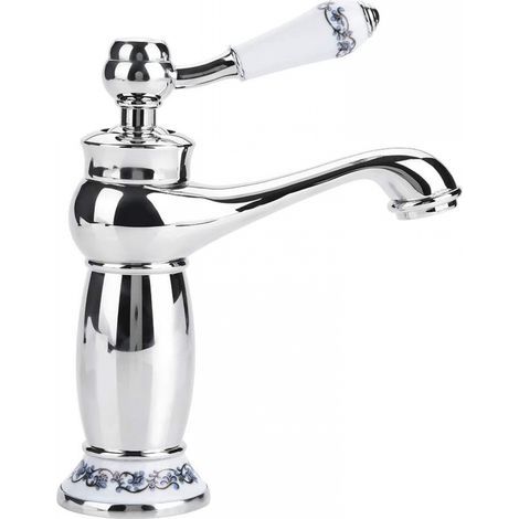 (Chrome) Mixer Tap Basin Faucet Brass Ceramic Sink Faucet Black and White Porcelain Long Neck Vintage Floral with Inlet Cold/Hot Water Tap Kitchen Bathroom. (1/5)