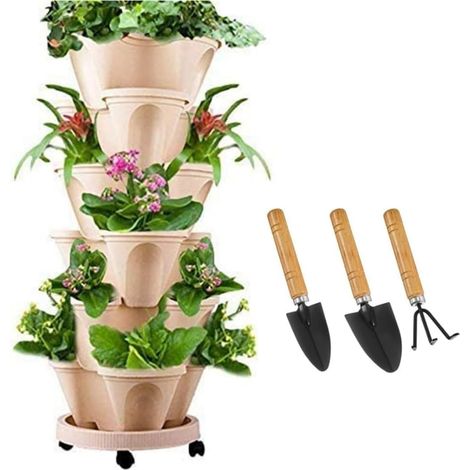 Jardinière empilable, Tour de Jardin Verticale, Ensemble de jardinières Verticales pour Fraises, Herbes, Fleurs (Beige, 6 Niveaux) (1/5)
