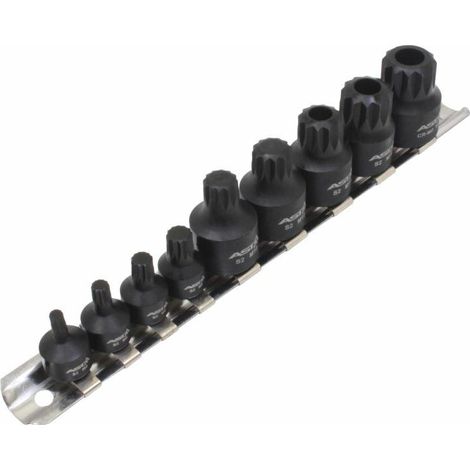 Set ofimpact sockets of XZN 1/4"-3/8" shank, 9 pieces, idealfor heavy duty, durable, versatile, strong and easy to use tools ofmechanics