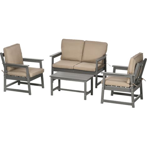 Salle de jardin en HDPE avec canapé, 2 fauteuils et table basse, ensemble extérieur de 4 pièces avec coussins, Gris foncé (1/5)