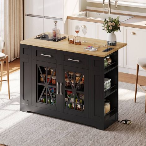 Îlot cuisine mobile 120 cm table pliante prises ac usb étagères réglables roulettes (1/5)