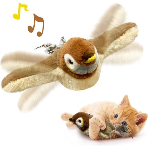 Juguete para gatos, gorrión con alas que se mueven, no vuela, juguete interactivo con hierba gatera que emite sonidos para gatitos o perros pequeños, activado por tacto, recargable.