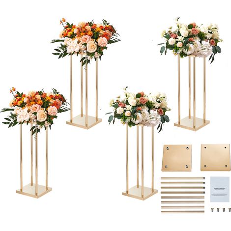 Mophorn 4-teiliges Blumenregal aus goldenen Metallsäulen für Hochzeiten, 60 cm hoch, mit Metalllaminat, geometrische Vasen als Tafelaufsatz, zylindrisches Blumenregal für Veranstaltungen