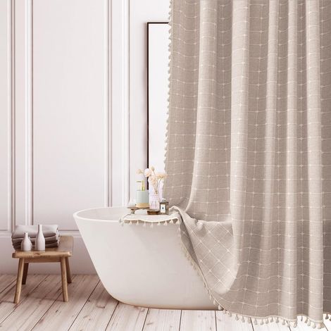 Rideau de douche en lin de style bohème moderne et élégant pour salle de bain, ensemble de rideau de douche épais et mignon de style bohème avec pompons – Rideau de douche en tissu bohème long, 183 x (1/5)