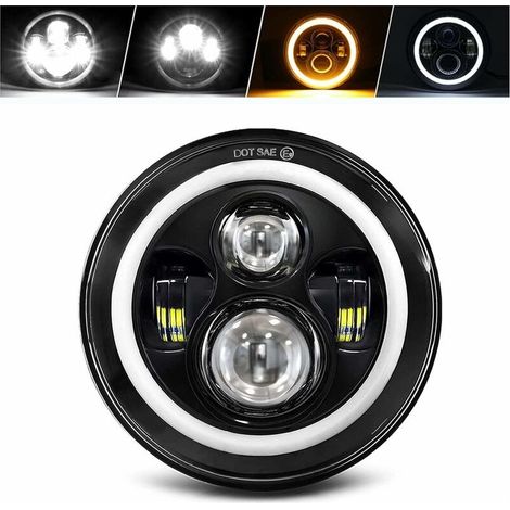Round LED motorcycle headlight with 4 lighting modes: white daytime running light, amber turn signals, and integrated light. Compatible with Touring, Road King, Ultra Classic, Electra Glide, Tri, CVO, (1/5)
