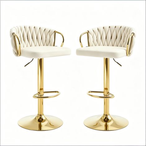 Lot de 2 tabourets de bar pivotants à 360°, avec repose-pieds, hauteur réglable, tissage tressé, blanc crème (1/5)