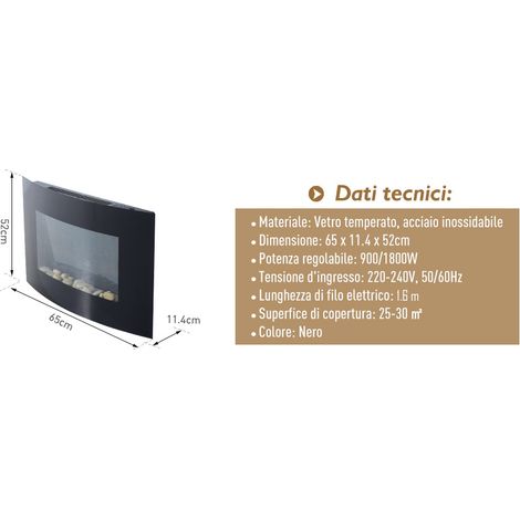 Cheminée murale électrique 1800W, flamme colorée, télécommande, thermostat ajustable, minuterie, protection surchauffe, noir (1/5)