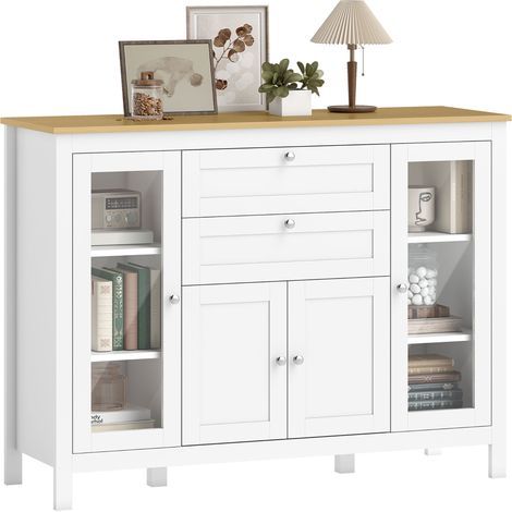 Mobile Cucina con 2 Cassetti e 3 Armadietti, Ante in Vetro e Ripiani Regolabili, 120x40x90 cm, Bianco e Rovere