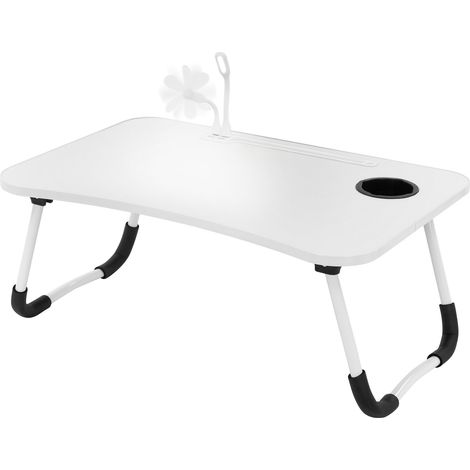 ML-Design Mesa de Ordenador Portátil para Cama/Sofá Blanco 60x40 cm Soporte para Tableta y Bebidas Mueble Plegable Pupitre para Regazo con 4 Puertos USB de Carga, Cajón, Lámpara y Ventilador