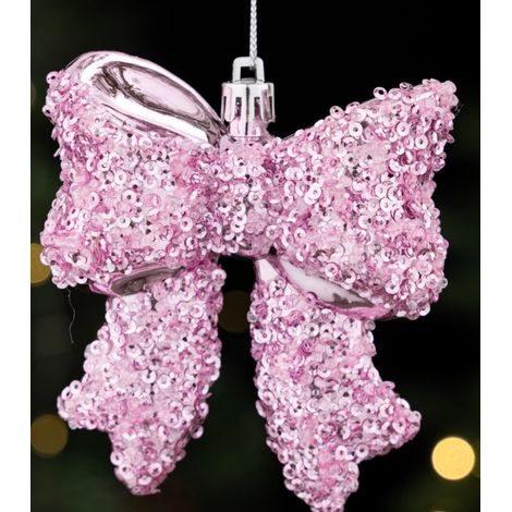 3D-Weihnachtsschmuck in Schleifenform mit Pailletten – Hochglanz-Finish (rosa) – Geeignet für Weihnachtsbäume und Schaufenster (1/4)