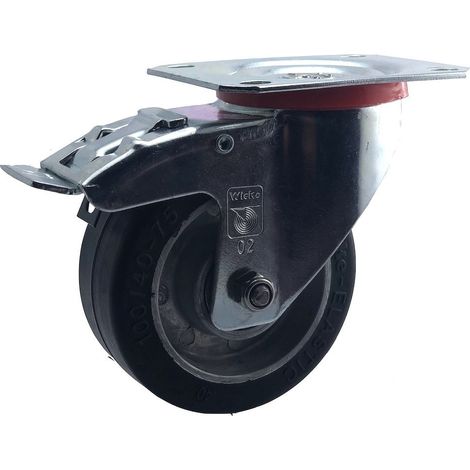 Roulette pivotante à frein diamètre 100 mm caoutchouc EASYROLL® NOIR roulement à billes - 200 Kg (1/2)