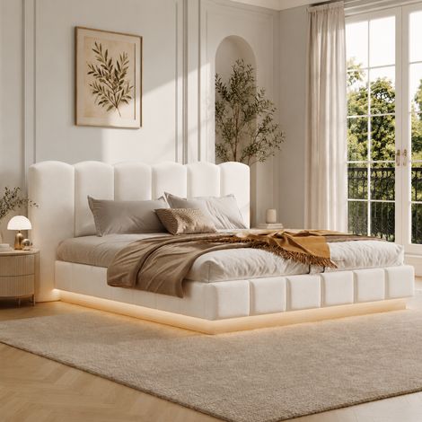 Lit coffre hydraulique 180 x 200 cm, lit double rembourré avec sommier à lattes, tête de lit capitonnée et rangement, éclairage LED, tissu bouclé blanc (1/5)