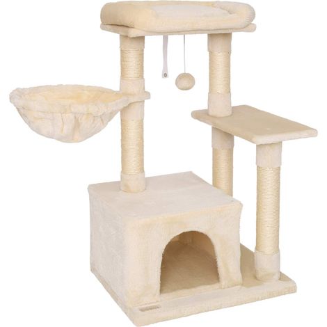 Arbre à Chat avec Balle en Peluche et hamac, Hauteur 85 cm, Arbre avec sisal et Peluche, Surface de Repos et Niche Confortables, Fixation Murale Incluse, pour Petits et Grands Chats, Beige (1/5)