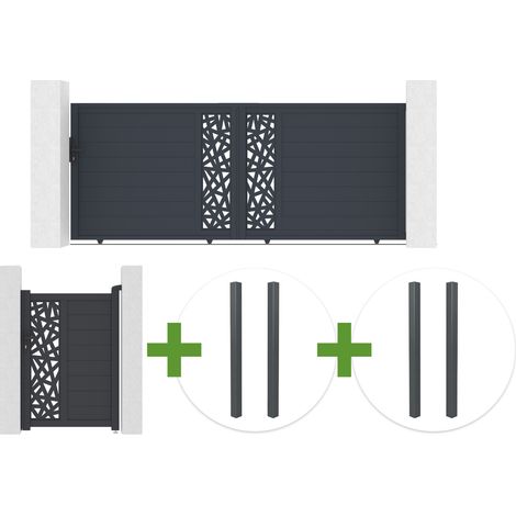 Portail coulissant 3,5m RUIVO H.140cm aluminium gris + Portillon 1m RUIVO H.140cm + 4 poteaux (1/5)