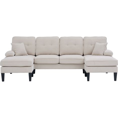 ELVMI Sofá panorámico en U de 4 Plazas con Dos Chaise Longues, USB y Type-C, Bolsillos Laterales, Lino Beige (1/5)