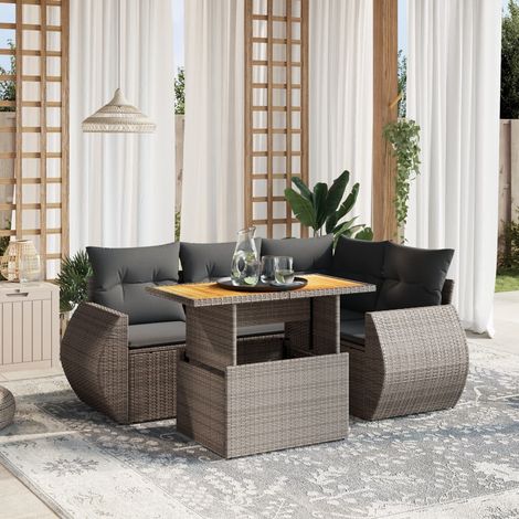 Canapé d'extérieur résine tressée modulaire 5 pièces avec coussins gris, table réglable et matériau résistant aux UV (1/3)