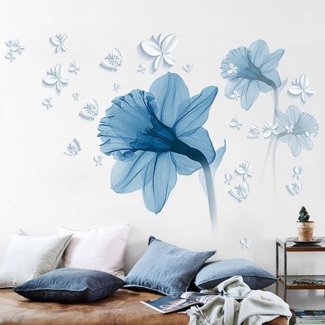 Sticker mural fleur bleue, décoration pour salon, papier peint (1/4)