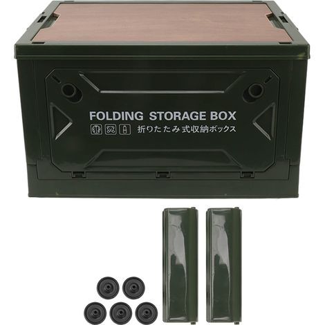 Boîte de rangement pliable pour le camping avec couvercle en bois, bac de rangement pliable à roulettes pour voiture, camping et pique-nique, vert olive (1/5)