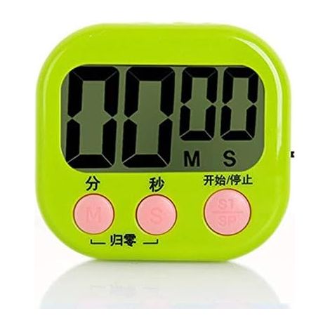 Minuteur de cuisine fin à écran LCD numérique carré avec compte à rebours, alarme, chronomètre de sommeil, thermomètre et horloge verts (1/3)