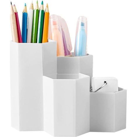 Organisateur de Bureau - Papeterie - Porte-Stylo - Couleur Blanc - Matériau PP - 4 Compartiments (1/4)