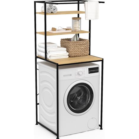 Idmarket – Meuble dessus machine à laver avec étagères – Bois clair et métal – Dimensions 66 x 60 x 162 cm – Style industriel pour petits espaces