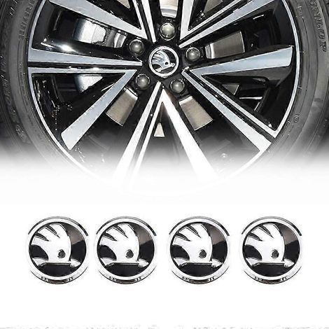Ensemble de 4 enjoliveurs de roue de 56 mm, noirs avec logo flèche argenté, 4 clips, adaptés pour Skoda.