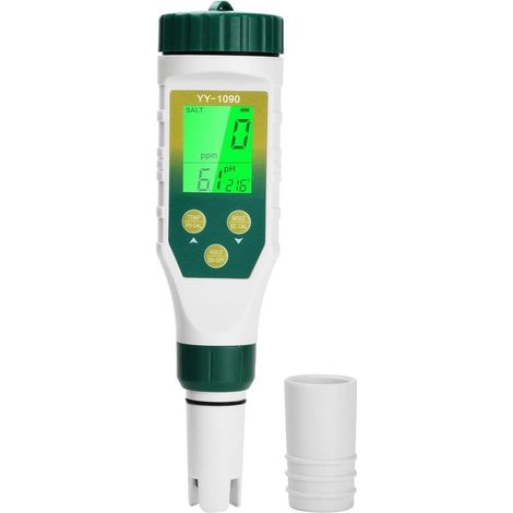 Testeur de Qualité de l'Eau 5 en 1, pH/EC/TDS/Salinité/Température avec Compensation Automatique de Température, Haute Précision pour Piscine, Eau Potable et SPA (1/5)