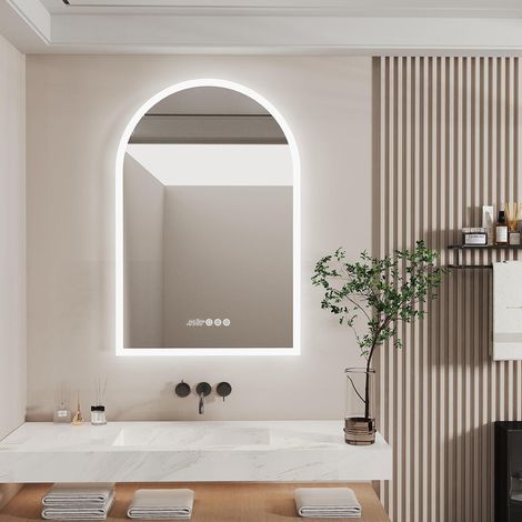Bogen Badspiegel mit Beleuchtung Smart LED Badezimmerspiegel mit 3 Touchschalter, Uhr und Wetterstation - Beschlagfrei Lichtspiegel Wandspiegel Ganzkörperspiegel 90x60 cm (1/5)