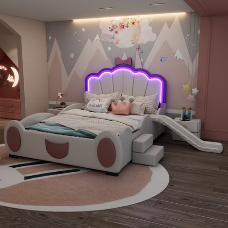 Lit papillon enfant 140x200 cm, lumineux LED multicolores, toboggan, échelle, mousse polyuréthane, design original, coloris rose et blanc. (1/5)
