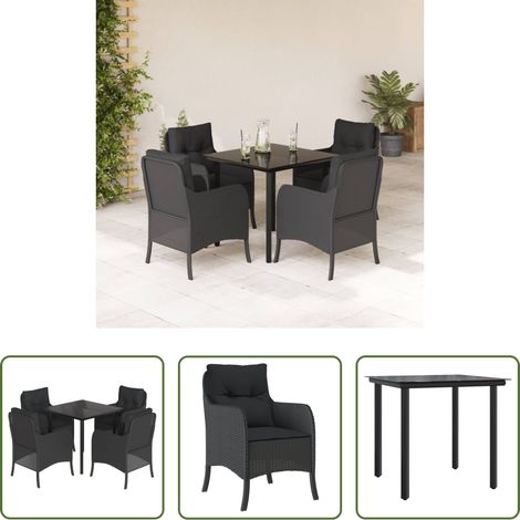 Gartenessgruppe - 5-tlg. Garten-Essgruppe mit Kissen Schwarz Poly Rattan (1/5)