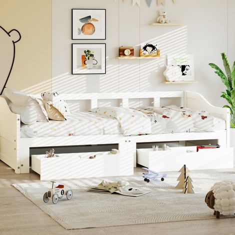Ausziehbett 90/180x200 cm - Ausziehbares Schlafsofa mit Stauraumschubladen - Massivholz - Weiß