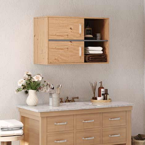 Mobiletto da bagno a parete con vani a giorno e 2 ante, arredamento bagno moderno, 80x35x57,5 cm, naturale.