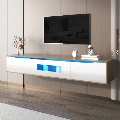 Meuble TV LED USB à Fixation Murale, Ambiance Lumineuse et Couleur Changeante, Design Brillant, 180x35x30 cm ,Naturel (1/4)