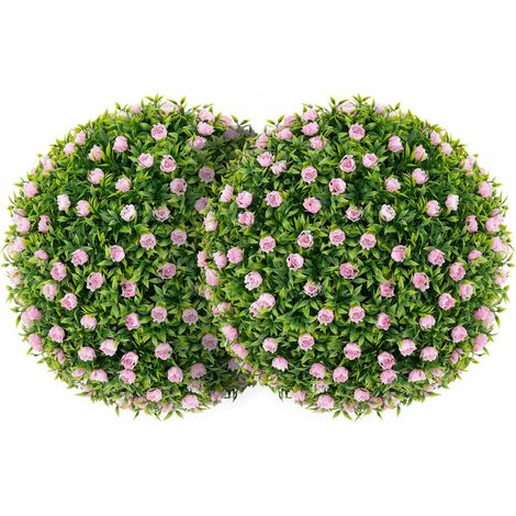 Lot de 2 boules topiaires artificielles 37 x 37 x 37 cm décoratives avec fleurs roses et feuillage luxuriant en PE vert et rose