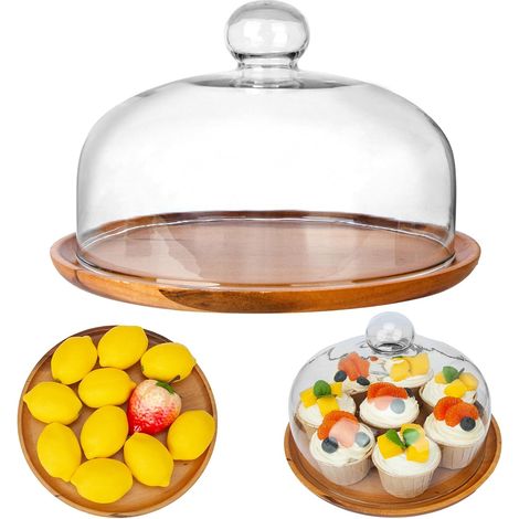 1 Présentoir à gâteau, Base en bois 25,4 cm, Dôme en verre transparent, Pour dessert, fromage (1/5)