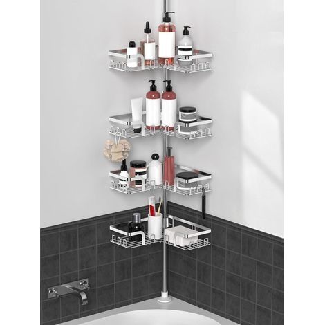 Etagere Douche Telescopique Argent - Etagere Douche Angle Salle de Bain Inox Etagere de Douche Sans Percage Support Savon Crochet Douche(Avec Une Hauteur Réglable de 63,5 à 290 CM) (1/5)