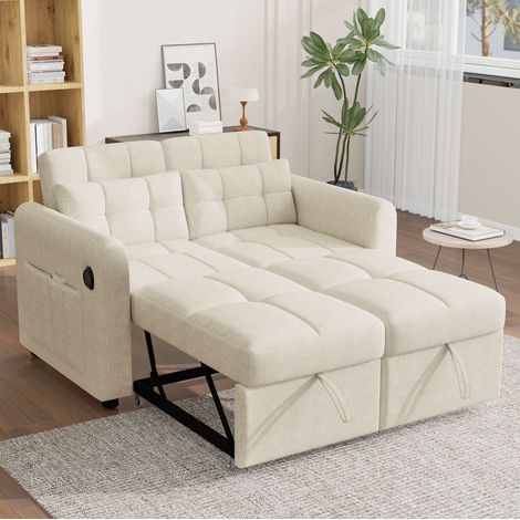 Sofá cama convertible 3 en 1 con respaldo ajustable, USB, bolsillos y cojines, beige HAVRYA (1/5)