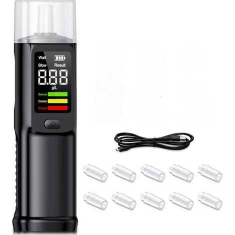 Certified electronic breathalyzerPortable breathalyzer (with 10 mouthpieces), black, professional quality, rechargeable. (1/4)