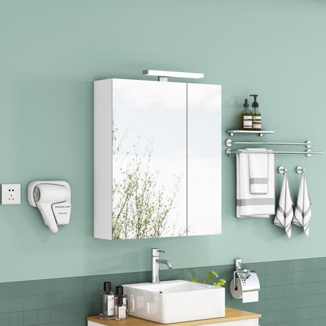 Armoire de toilette avec miroir, 2 portes asymétriques, éclairage LED, prise française, étagères en verre réglables, meuble mural blanc en MDF, 67 x 22 x 79 cm – CHICFURN (1/5)