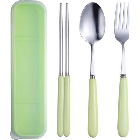 Couverts Réutilisables - Ensemble 3 Pièces en Acier Inoxydable et Céramique - Fourchette Cuillère Baguettes - Boîte de Transport Incluse - Vert (1/5)