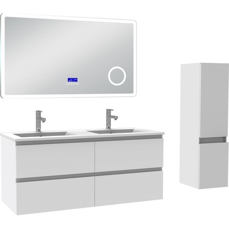 Acezanble ensemble meuble 120 cm blanc avec 4 tiroirs à fermeture automatique, lavabo céramique + miroir salle de bain Bluetooth tricolore + colonne, suspendu